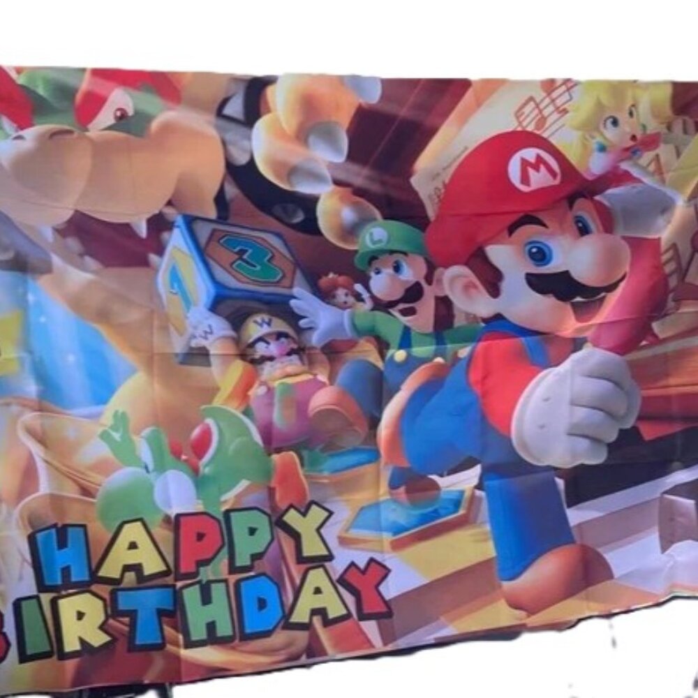 Super Mario Brothers Happy Birthday Banner with Hanging Adhesive 5 x 3 Feet